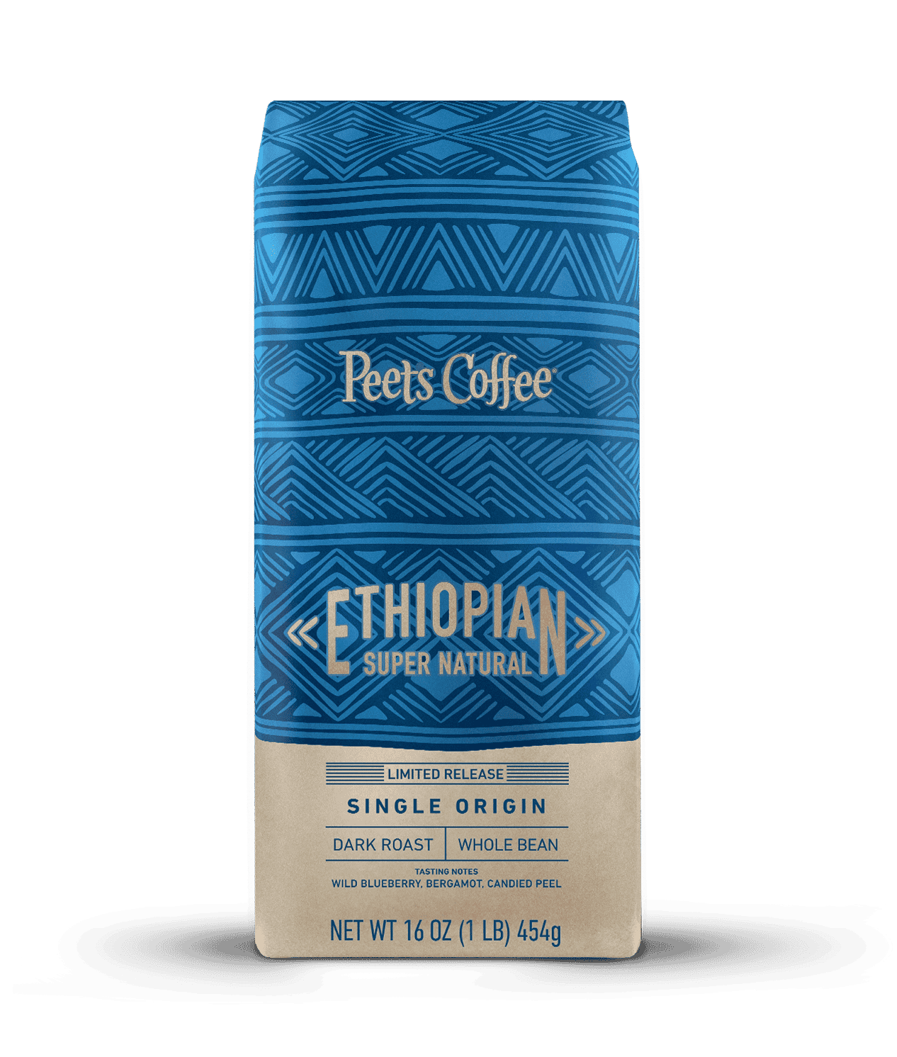 Peet's Coffee Ethiopian Super Natural Dark Roast Coffee beans in a blue and tan 16 ounce bag